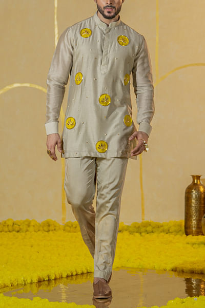 Greenish grey lotus motif kurta set