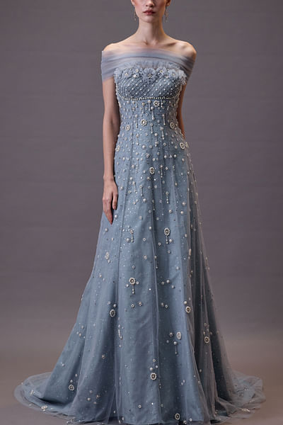 Grey 3D floral embellished gown