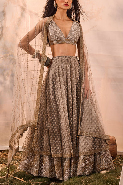 Grey 3D floral embroidered layered lehenga set