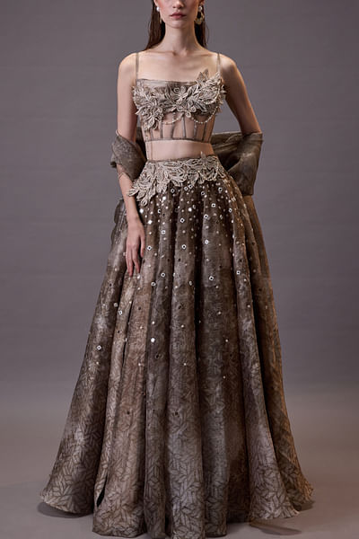 Grey and beige embroidered printed lehenga set