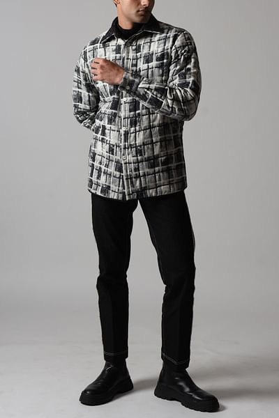 Grey and black check printed reversible shacket