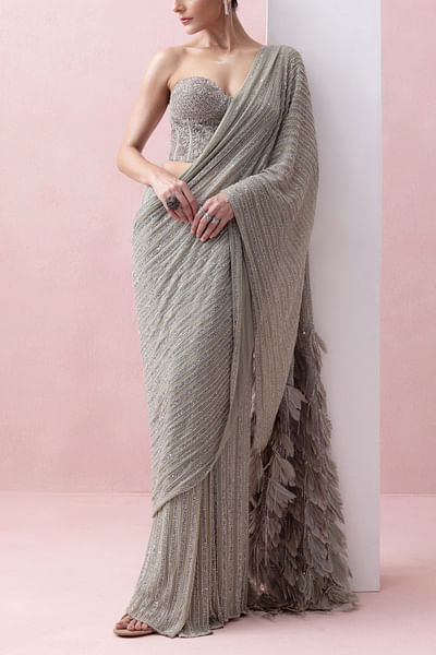 Grey and green Swarovski pre-stitched sari set