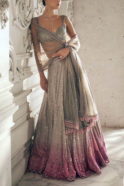 Grey and pink ombre sequin lehenga set