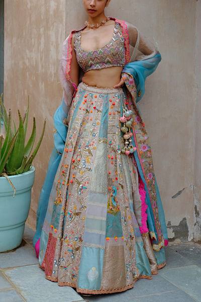 Grey and turquoise bird embroidered lehenga set