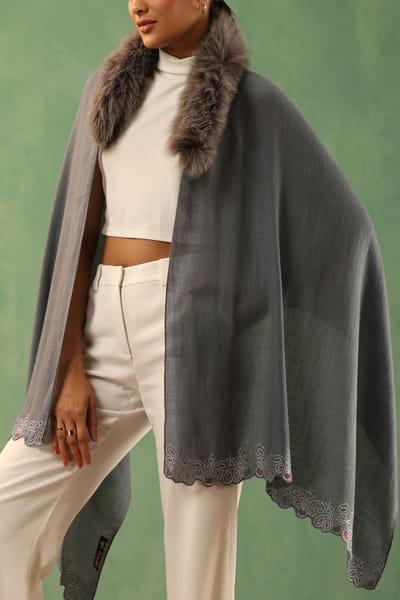 Grey embellished fur cashmere wool stole