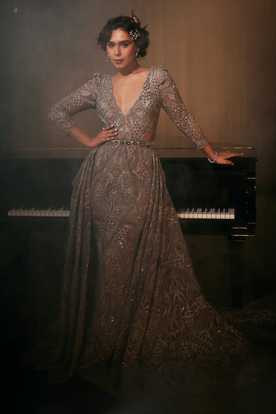 Grey embroidered trail gown