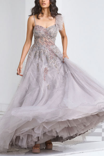 Grey embroidered woven gown