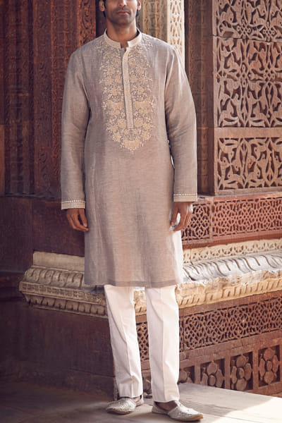 Grey floral appliqued kurta set