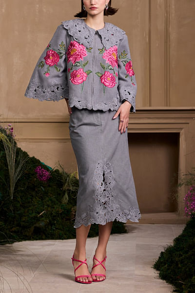 Grey floral cutwork midi skirt