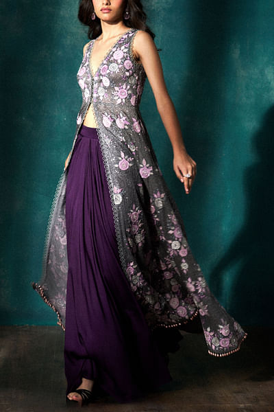 Grey floral embroidered cape set