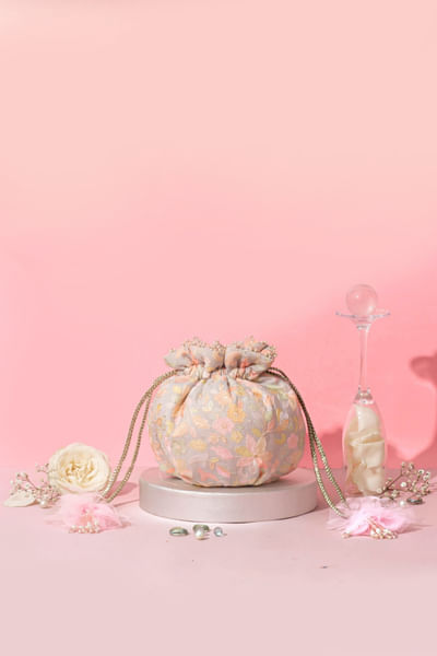 Grey floral embroidered potli bag