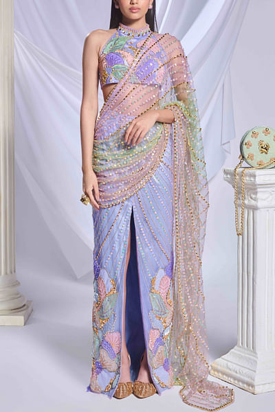 Grey floral embroidered pre-stitched sari set