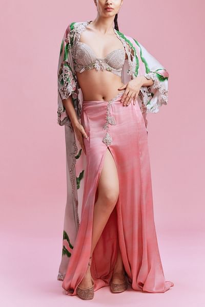 Grey floral printed cape and skirt set
