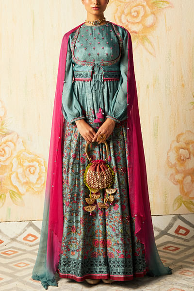 Grey floral printed jacket anarkali gown set