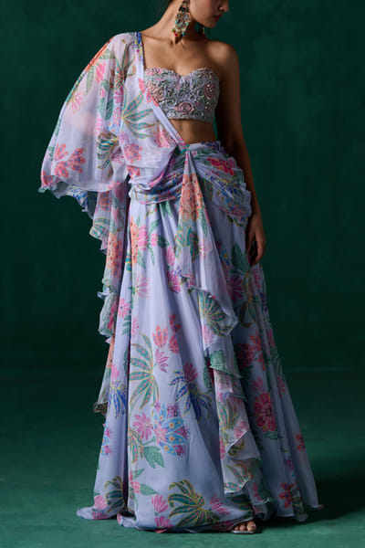 Grey floral printed pre-draped sari set