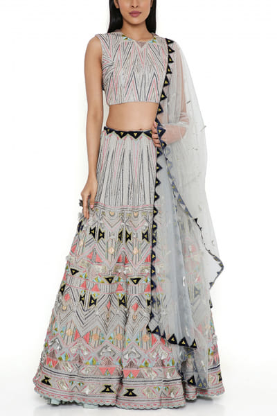 Grey geometric embroidered tassel lehenga set