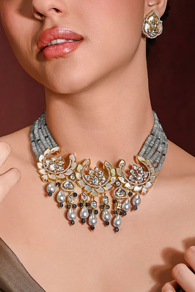 Grey kundan polki beaded necklace set