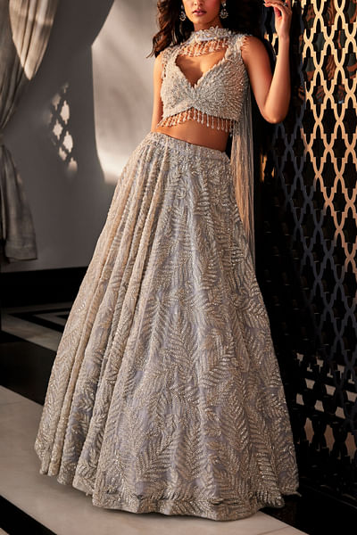 Grey leaf embroidered lehenga set