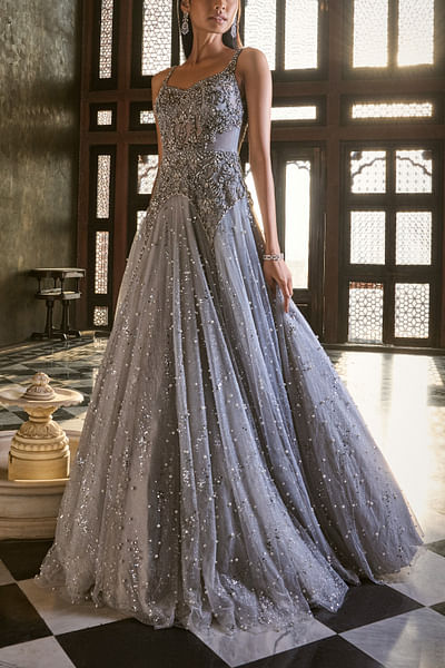 Grey pearl embellished gown