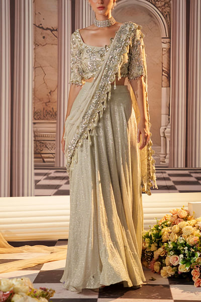 Grey sequin embellished pre-draped sari set