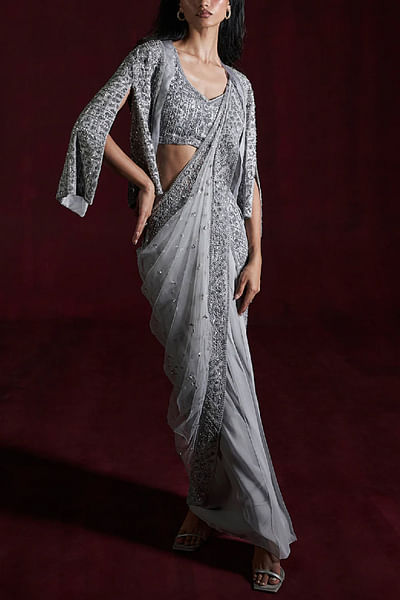 Grey sequin embroidered pre-draped sari set