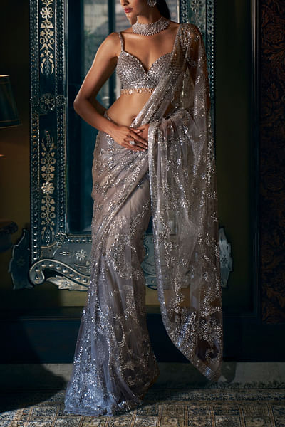 Grey sequin embroidery sari set