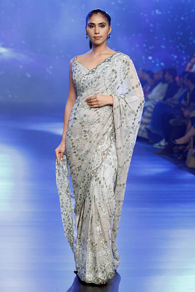 Grey sequins embroidered sari set