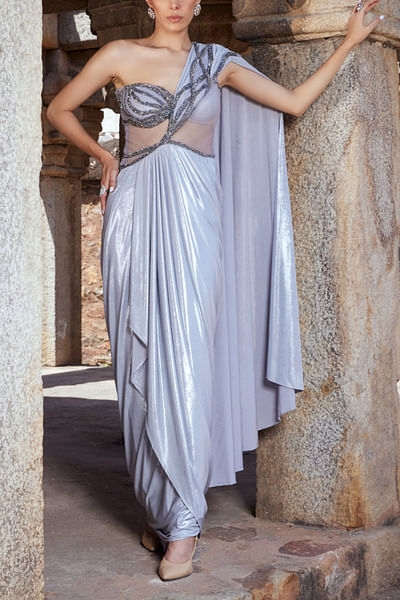 Grey shimmery conceptual sari gown