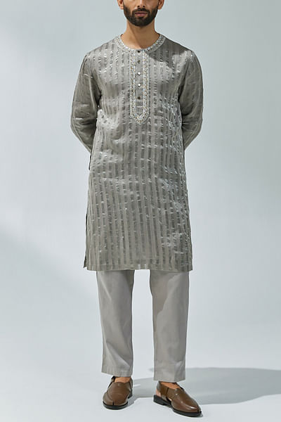 Grey woven striped kurta set