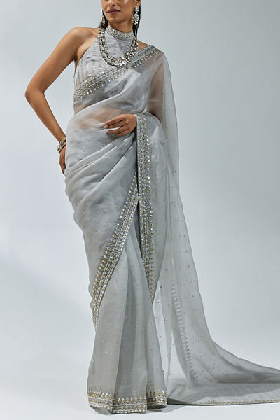 Grey zardozi embroidered sari set
