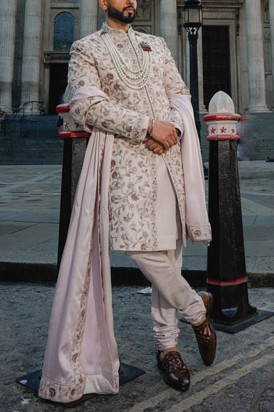 Greyish lilac embroidered sherwani full set