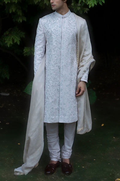Greyish lilac floral embroidery sherwani full set