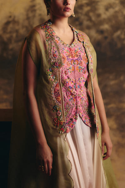 Gulal pink embroidered jacket and cape set