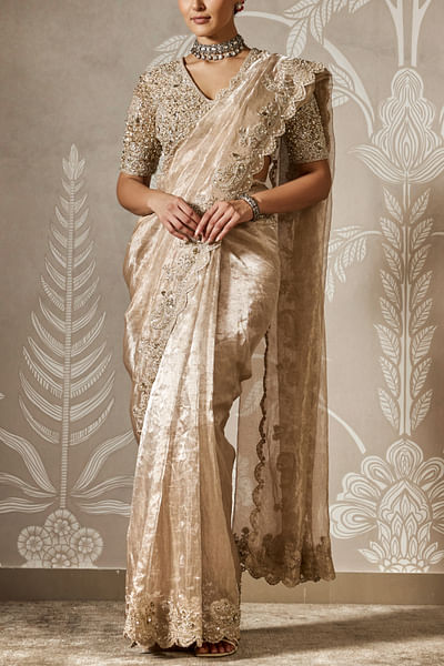 Gunmetal gold floral embroidered sari set