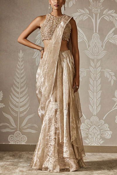 Gunmetal plain tissue pre-draped sari set