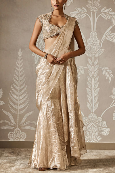 Gunmetal tissue pre-draped sari set