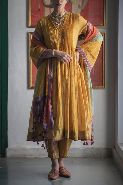 Haldi yellow foil block printed pintuck anarkali