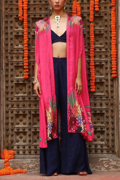 Hot pink and blue floral printed cape set