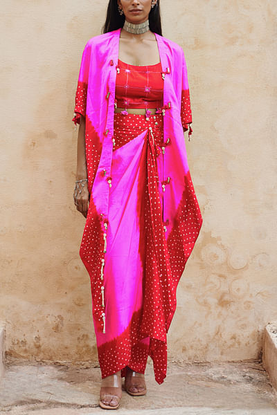 Hot pink and red bandhej cape set