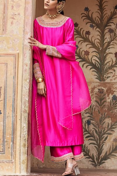 Hot pink bead embroidered kurta set