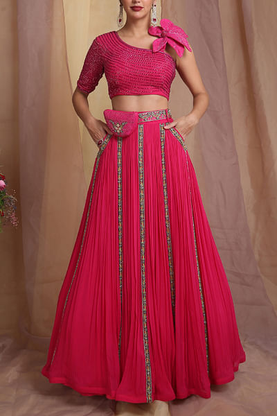 Hot pink embroidered gathered lehenga set
