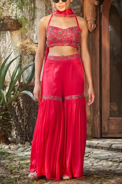 Bohame Hot pink embroidered sharara set BOHMAY24D108