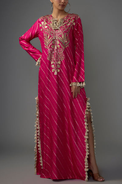 Hot pink embroidered tasselled kaftan
