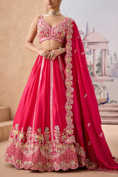 Hot pink floral embroidered lehenga set