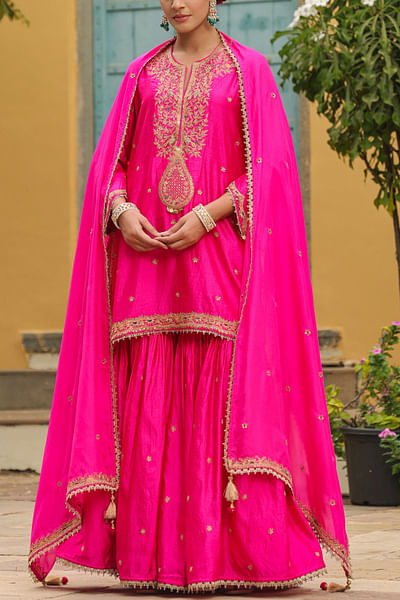 Hot pink floral embroidery sharara set