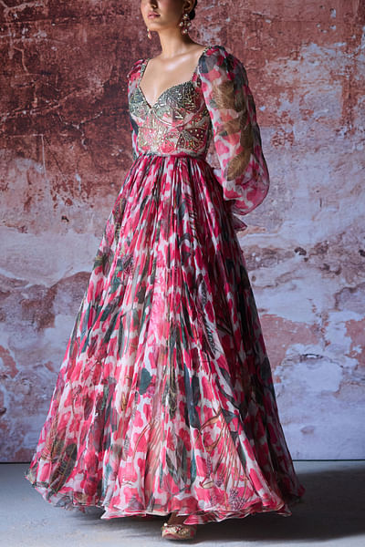Hot pink floral print embroidered gown