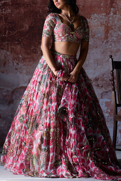 Hot pink floral print embroidered lehenga set