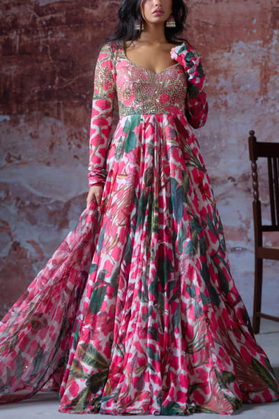 Hot pink floral printed anarkali gown set