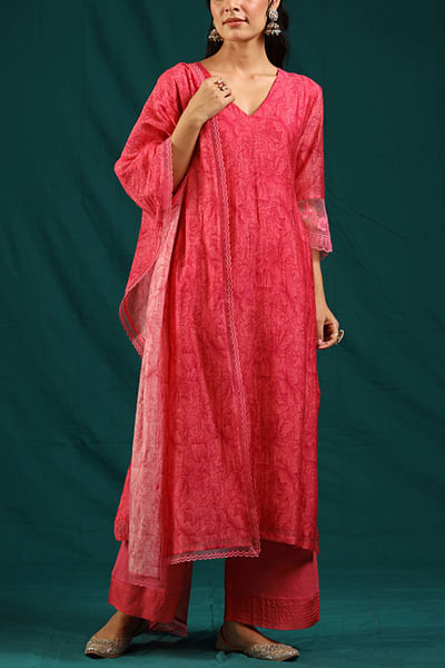 Hot pink floral printed kurta set