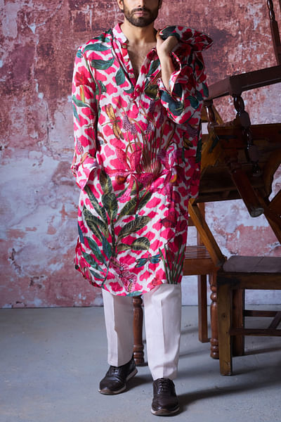 Hot pink floral printed kurta set